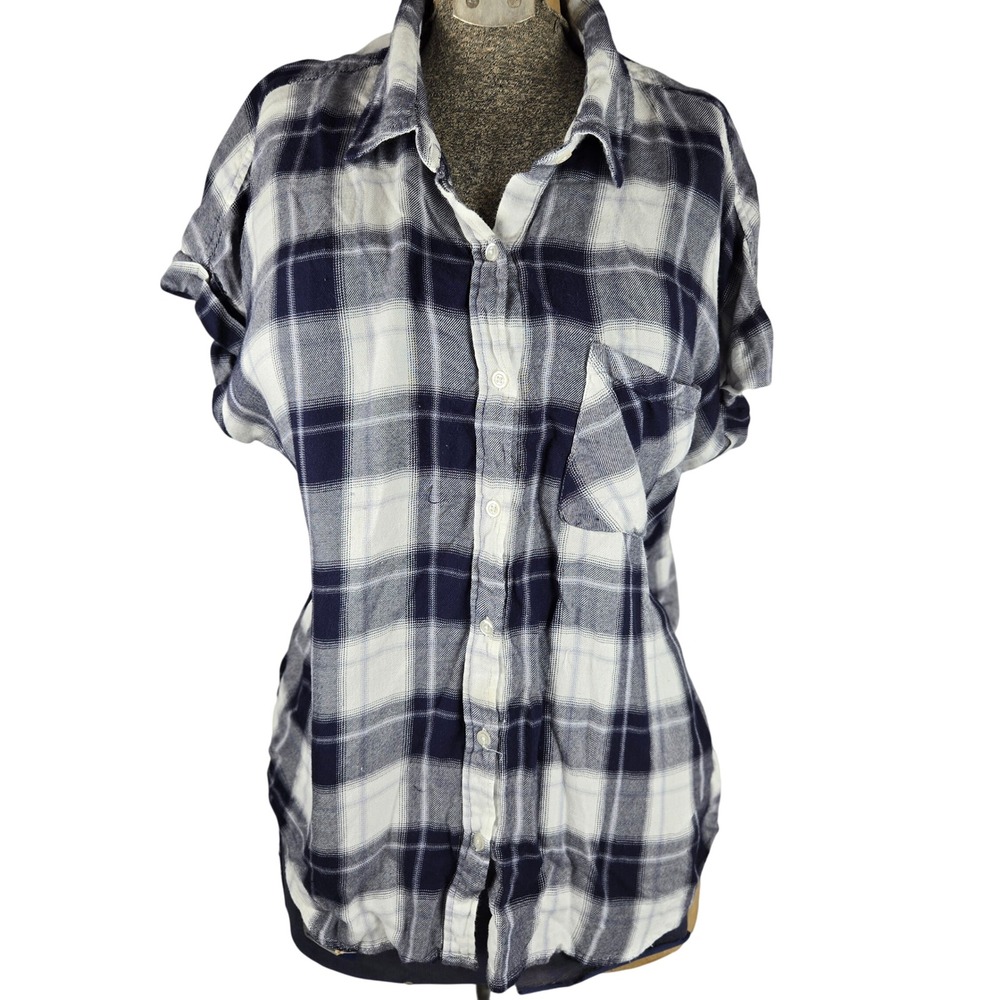 Cosmic Blue Love Soft Plaid Flannel Shirt Top Short Sleeve Sz S Outdoor Layering